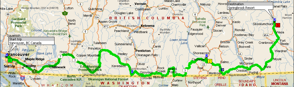 Map of Route from Vancouver to Springbrook Resort